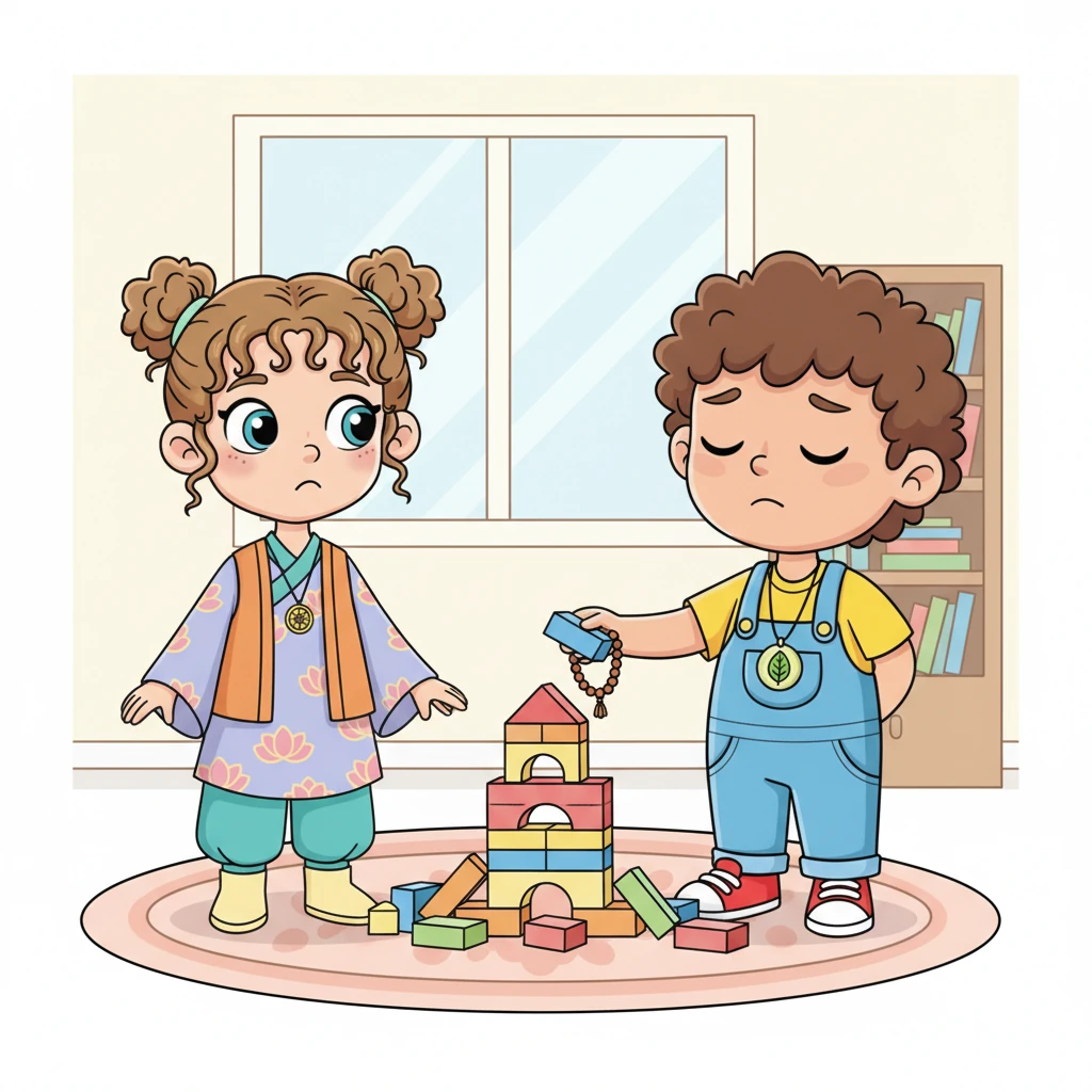 One afternoon, Bodhi's friend, Lily, accidentally knocks over his carefully built tower of blocks, making him feel a surge of frustration. But then, Bodhi takes a deep breath, just like he learned. He remembers to be present and kind, understanding it was an accident. He helps Lily rebuild the tower, even taller this time.