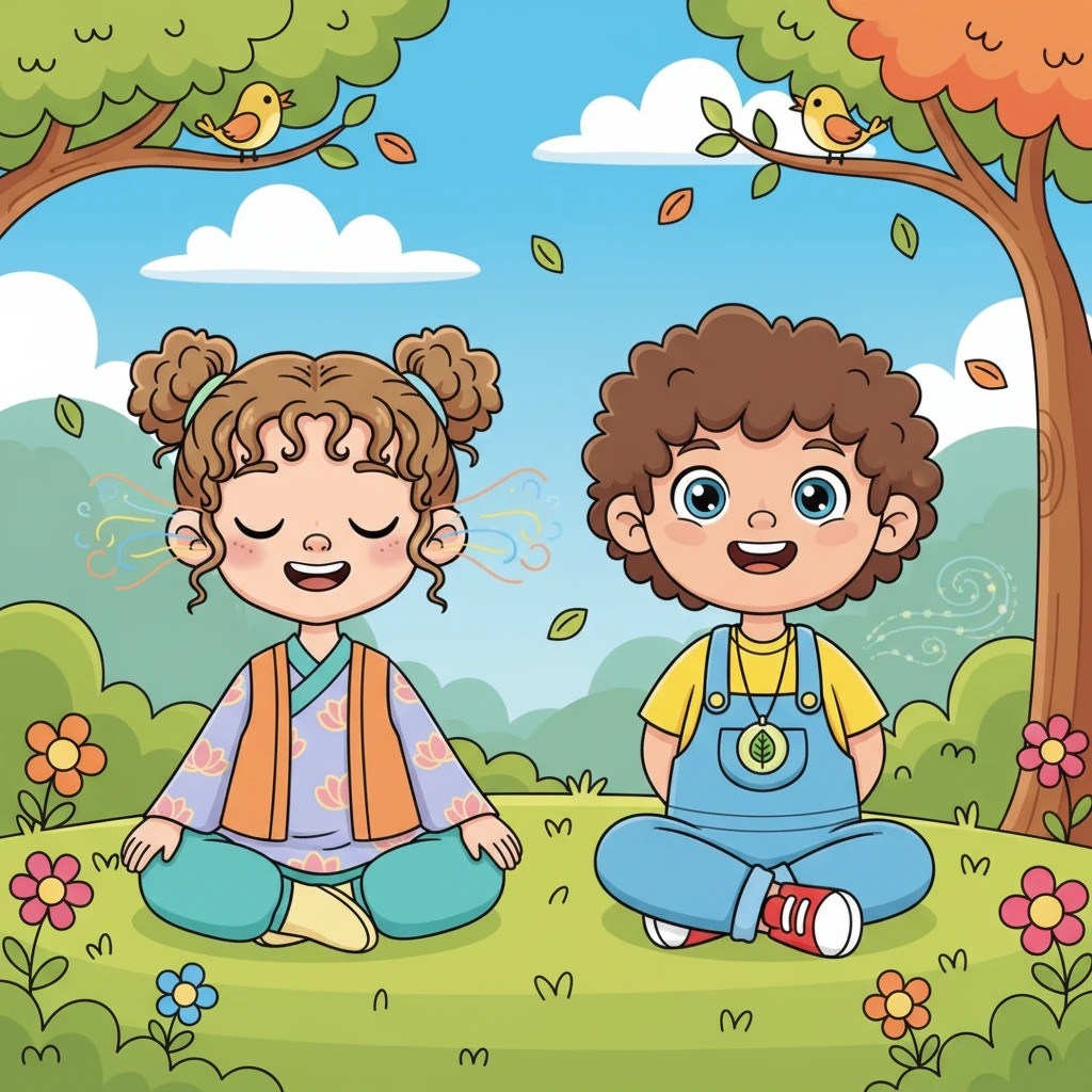 Bodhi shares his "present moment" game with Lily. They sit together, eyes closed, listening to all the sounds around them – the distant chirping of birds, the rustle of leaves, their own quiet breathing. Lily's face lights up as she discovers the peaceful world within.