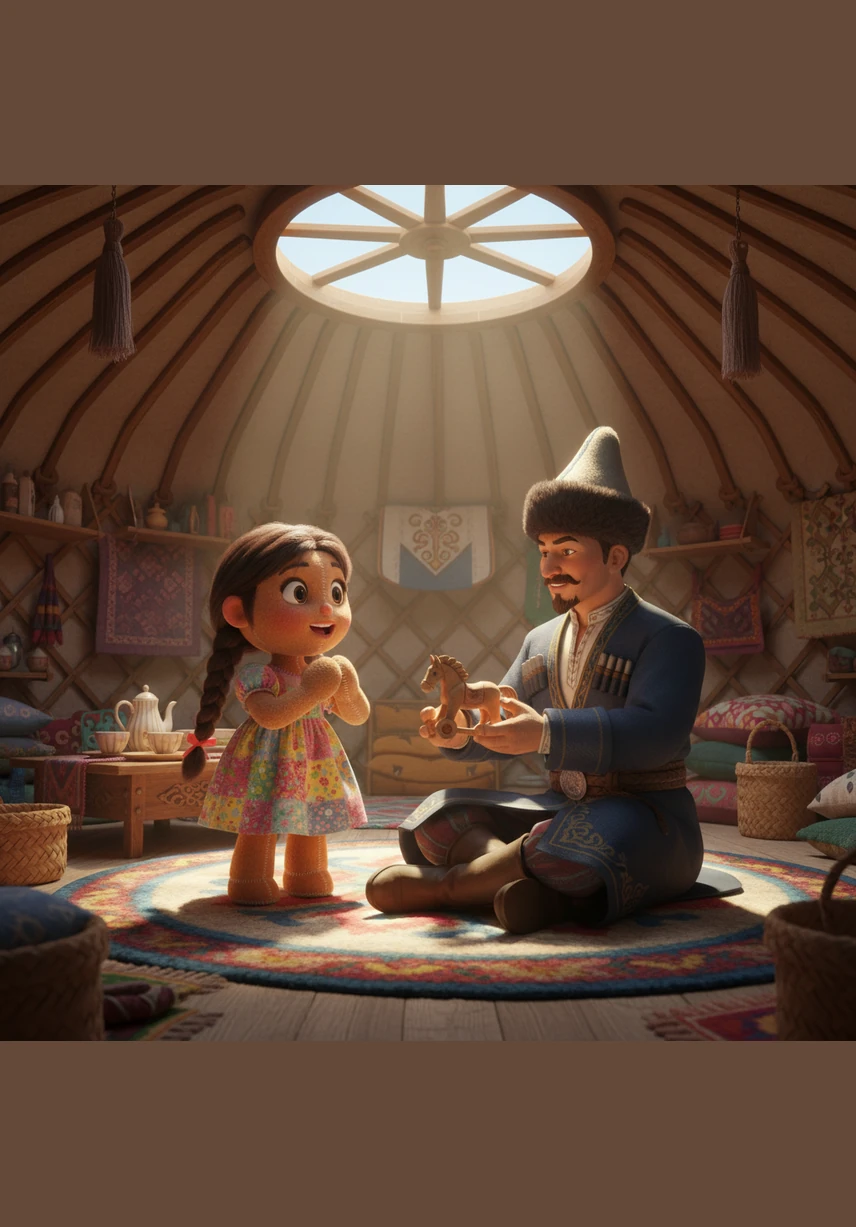 Наступило солнечное утро в уютном доме казахстанской семьи. Айсулу стоит у окна и радостно улыбается, потому что начались летние каникулы. Она думает о том, как будет играть весь день. На ней яркое летнее платье, а в комнате много света.