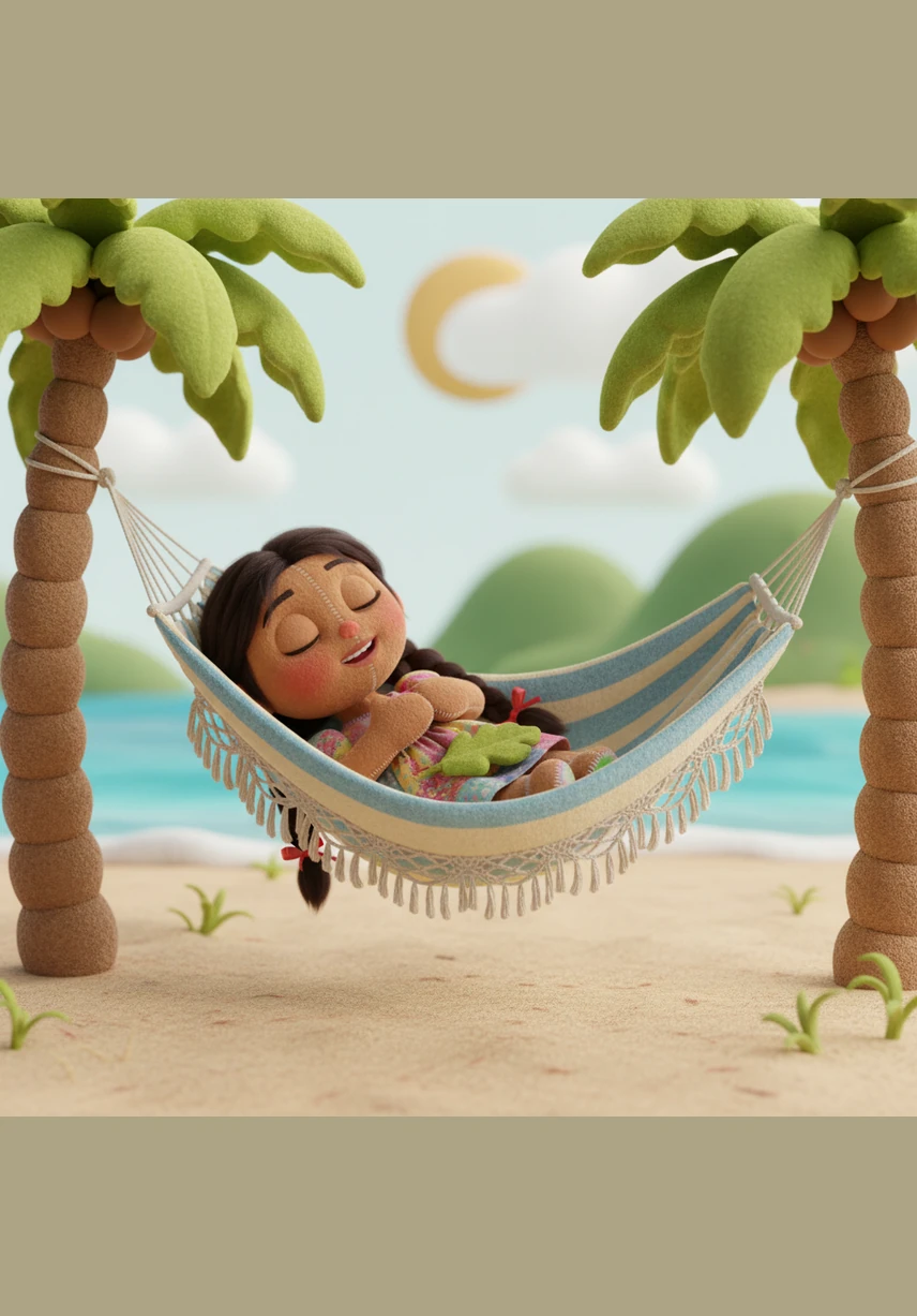 Айсулу лежит в удобном гамаке в цветущем саду. Вокруг летают бабочки, а на небе нет ни облачка. Она закрывает глаза и довольно говорит: Я отдыхаю. Ей очень нравится теплое летнее солнце и тишина.