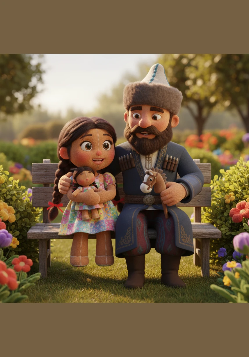 Папа выходит в сад с большой и красивой книгой в руках. Он мягко улыбается и садится на скамейку рядом с дочерью. Айсулу открывает глаза и с любопытством смотрит на яркую обложку книги, где нарисованы горы и море.