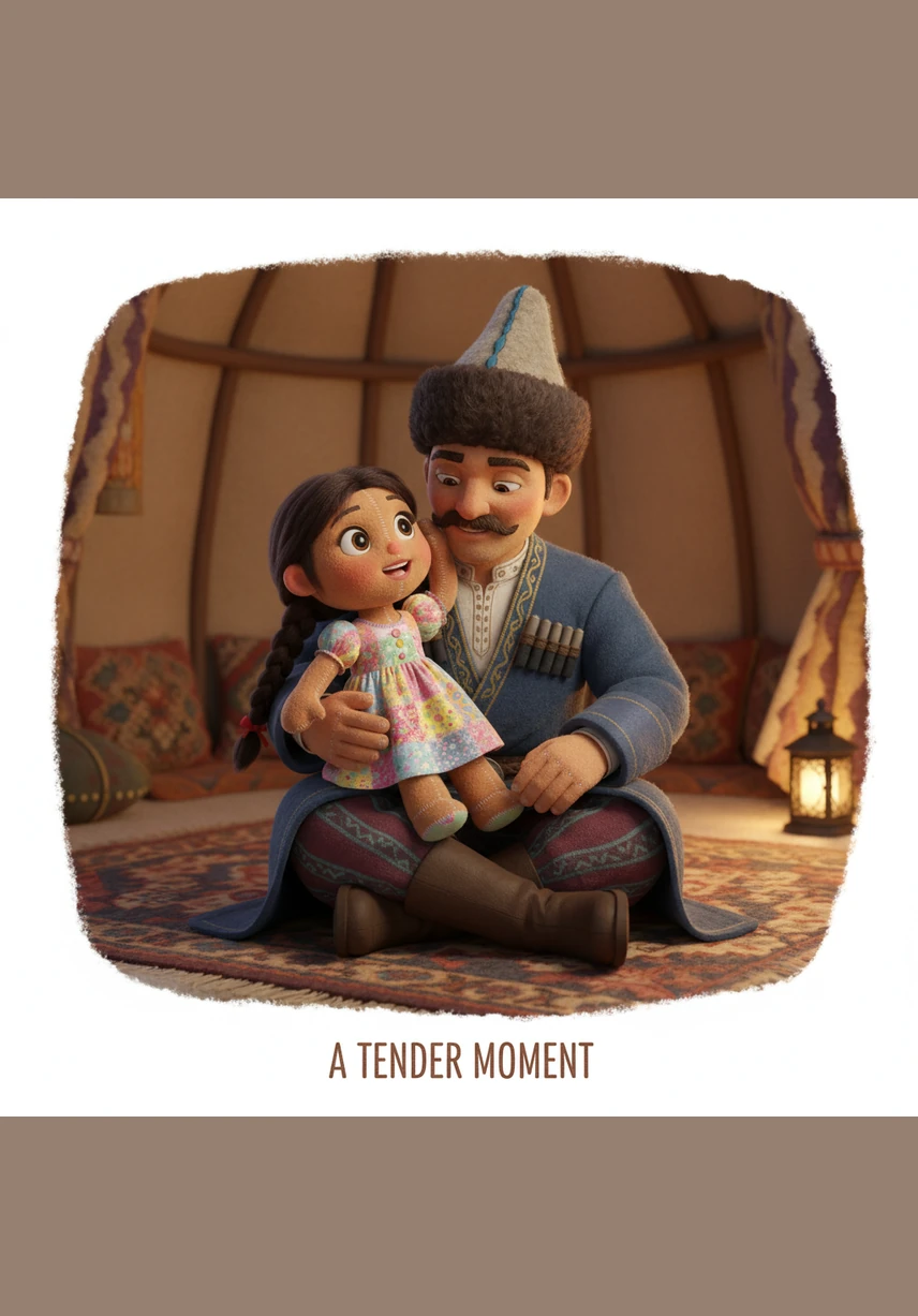 Папа открывает первую страницу и начинает читать. Посмотри, здесь история о далеких странах и храбрых героях, — говорит он. Айсулу садится ближе и начинает внимательно слушать. Ее лицо выражает искренний интерес.