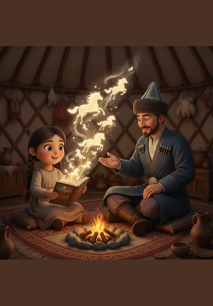 Айсулу берет книгу в свои руки и рассматривает иллюстрации. Мне нравится эта картинка! — восклицает она. На странице изображен огромный синий кит и маленький золотой кораблик. Цвета в книге очень яркие и волшебные.