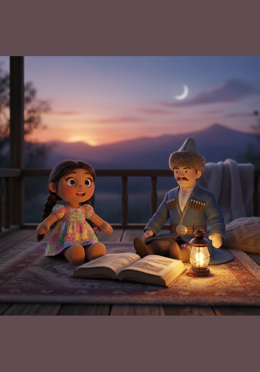 Вечером вся семья собирается за столом на веранде. Айсулу с воодушевлением рассказывает папе и маме о новых героях, о которых она узнала. Она чувствует себя очень умной и гордится тем, что прочитала целую главу сама.