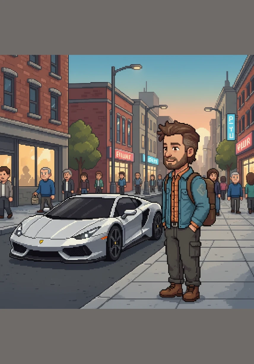 Ethan stood on a busy city street, gazing longingly at a sleek, silver sports car parked by the curb. He believed that owning such a machine was the ultimate sign of success and the only way to prove his worth to the world.