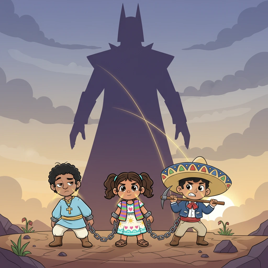 Un grupo de figuras encadenadas, con expresiones de cansancio pero también de resistencia, trabaja bajo la mirada de una silueta imponente y abstracta que representa el poder. A pesar de las dificultades, un hilo de esperanza brilla en sus ojos. Sus movimientos son pesados, pero la determinación se percibe en cada paso.