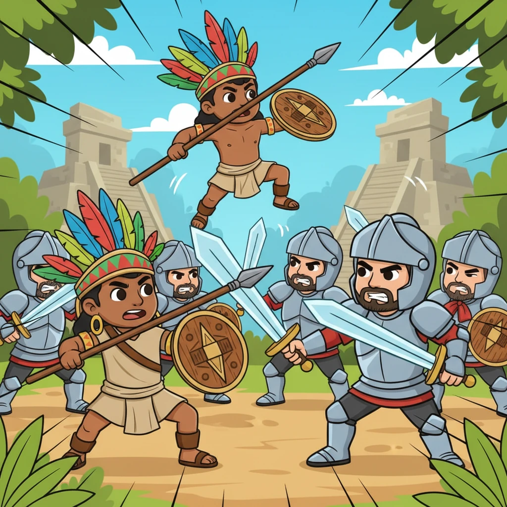 Guerreros indígenas, con tocados de plumas vibrantes y escudos decorados, se enfrentan valientemente a figuras de conquistadores españoles con armaduras brillantes y espadas. La escena es dinámica, llena de movimiento y colores vivos, mostrando la ferocidad de la defensa. Las lanzas y las espadas chocan en un torbellino de acción.
