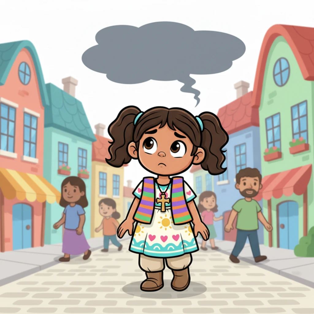 Una figura contemporánea, con ropa colorida y una sonrisa amable, camina por una calle bulliciosa, pero una sombra sutil de incertidumbre se cierne sobre ella. Parece mirar a su alrededor, buscando algo que no logra encontrar. La expresión de su rostro es pensativa, un poco melancólica.