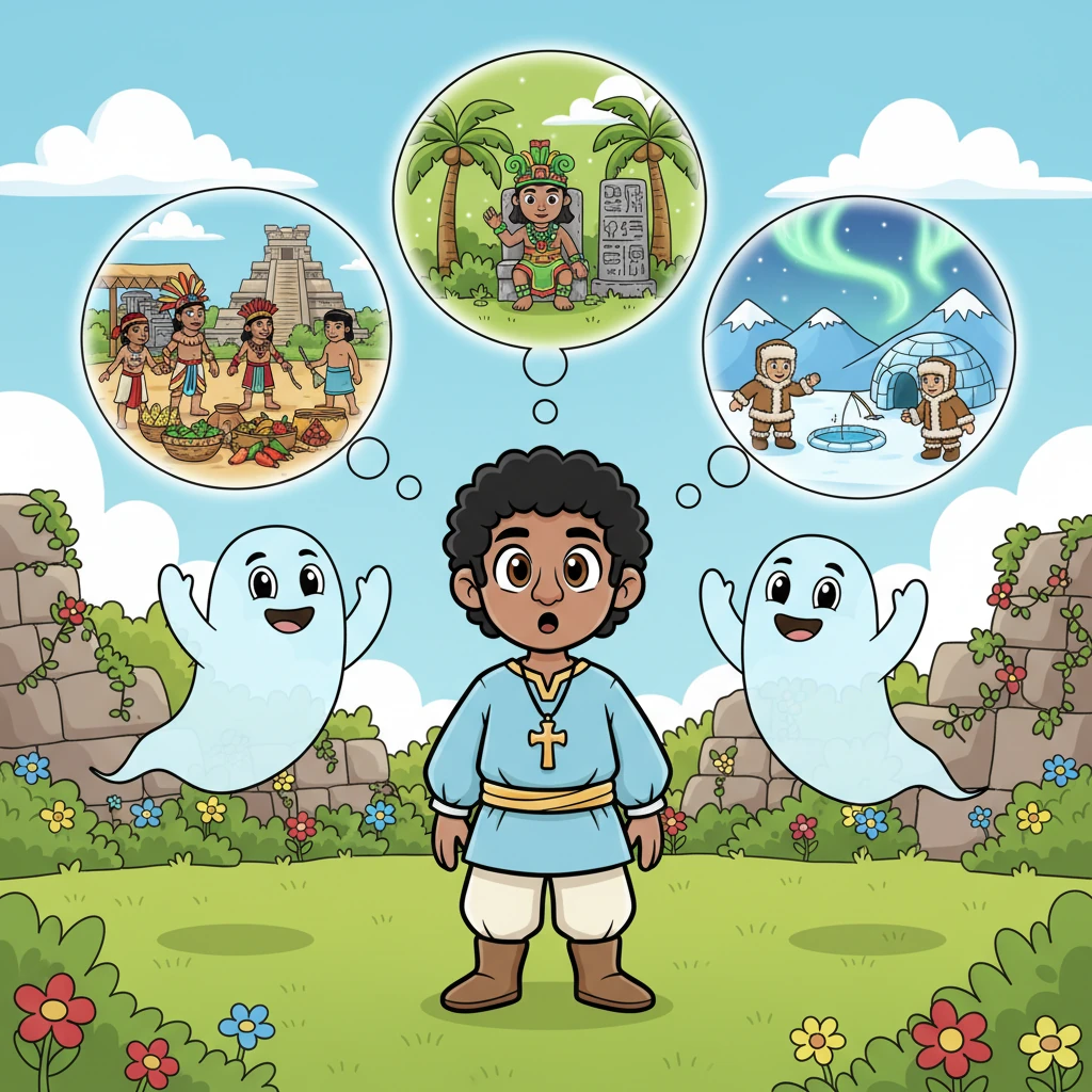 La figura contemporánea se detiene, y a su alrededor comienzan a aparecer fantasmas translúcidos y juguetones, cada uno con una burbuja de pensamiento flotando sobre su cabeza. Dentro de las burbujas, se ven escenas de la vida azteca y de otras culturas indígenas, llenas de color y actividad. Los fantasmas son curiosos, no aterradores.