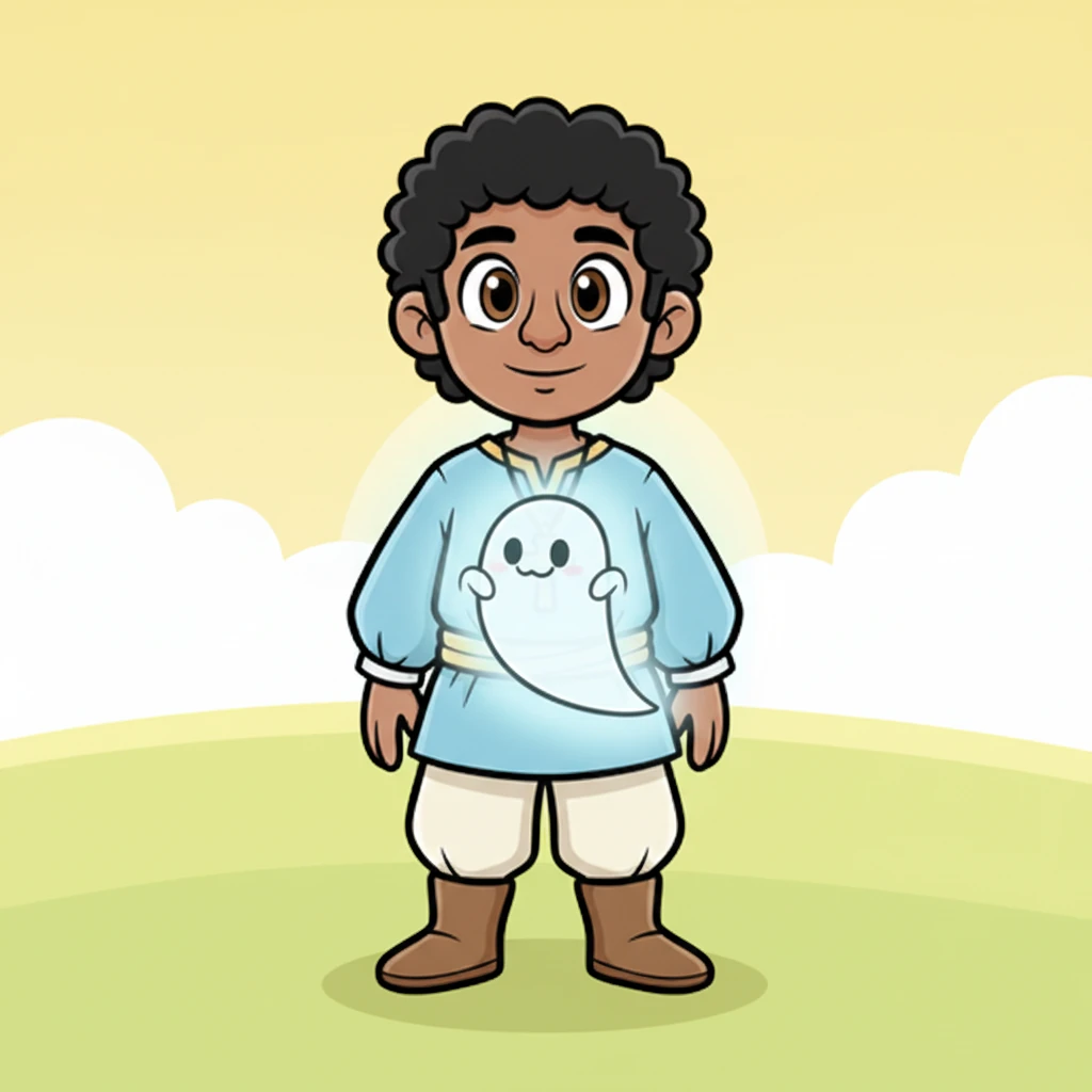 Un pequeño fantasma translúcido y amigable se asoma desde el pecho de la figura contemporánea, con una expresión tímida y un poco traviesa. Parece un compañero secreto, una parte oculta de su ser. El fantasma es pequeño y etéreo, pero claramente presente.