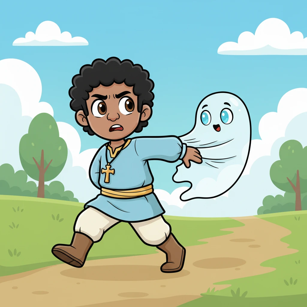 La figura intenta avanzar con decisión, pero el pequeño fantasma la sujeta suavemente por la solapa, tirando hacia atrás con una fuerza invisible. La figura tiene un pie hacia adelante y otro hacia atrás, mostrando la lucha interna entre el deseo de avanzar y la resistencia. Su rostro muestra una mezcla de frustración y confusión.