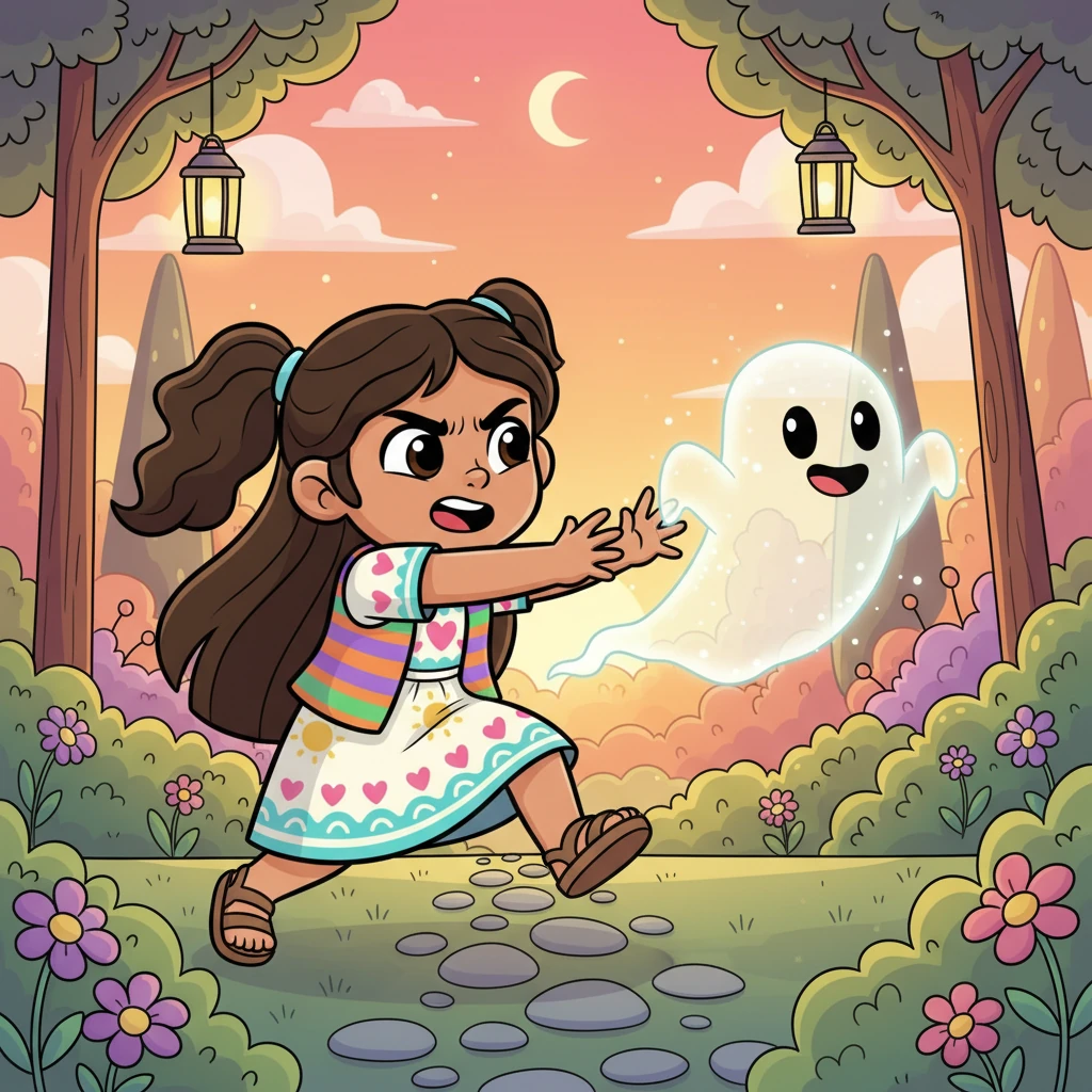 Frustrada, la figura intenta atrapar al fantasma con las manos, pero sus dedos lo atraviesan sin poder tocarlo. El fantasma sonríe con una expresión inofensiva pero elusiva. La escena es un baile de intentos inútiles, con el fantasma flotando libremente ante la figura.