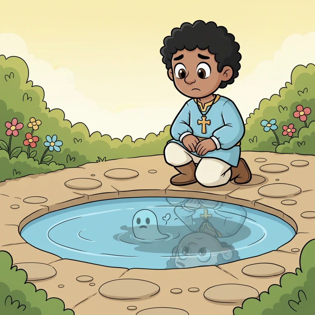 La figura se mira en un charco de agua, pero su reflejo aparece borroso y distorsionado, con el pequeño fantasma integrado en su silueta. El reflejo no muestra una imagen clara, sino una versión incierta y velada de sí misma. El fantasma parece susurrarle al oído desde el reflejo.