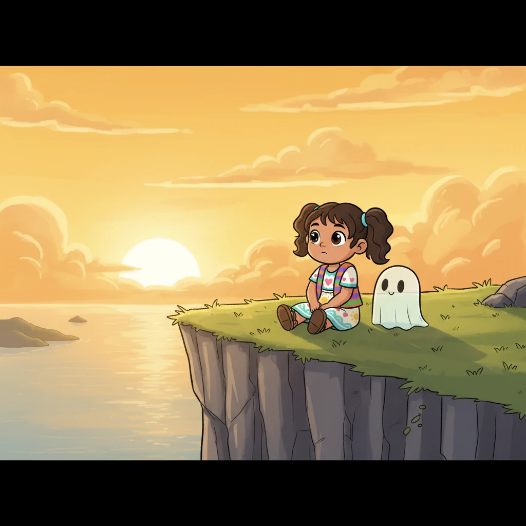 Sentada en la orilla de un acantilado, la figura observa el vasto horizonte, sumida en una profunda reflexión. El pequeño fantasma se sienta a su lado, ahora más tranquilo, como un confidente silencioso. Una luz cálida del atardecer ilumina la escena, sugiriendo un momento de epifanía.