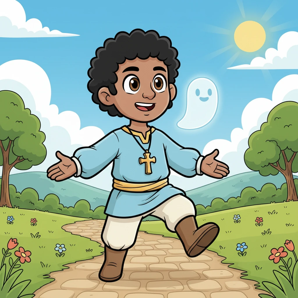 La figura se pone de pie con una nueva determinación en su mirada, respirando profundamente el aire fresco. El pequeño fantasma ya no la retiene, sino que flota a su lado, un poco más pequeño y menos dominante, como una parte aceptada de su viaje. La figura da un paso adelante con confianza, lista para abrazar su verdadero ser.