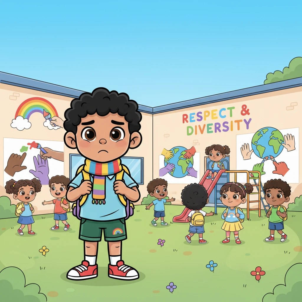 El Colegio Arcoíris era un lugar lleno de colores, donde niños de todo el mundo compartían risas y juegos. Murales vibrantes de respeto y diversidad adornaban las paredes, prometiendo un lugar para todos. Sin embargo, a veces, algunos niños aún se sentían un poco solos entre la multitud.