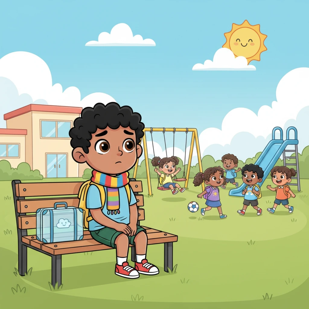 Un día soleado, llegó Amir, un niño nuevo con ojos curiosos y un poco de timidez. Todo era diferente para él: el idioma, los juegos, las caras nuevas. En el recreo, se sentaba apartado en un banco, observando en silencio mientras los demás jugaban, sintiendo una maleta invisible llena de recuerdos y un poquito de tristeza.