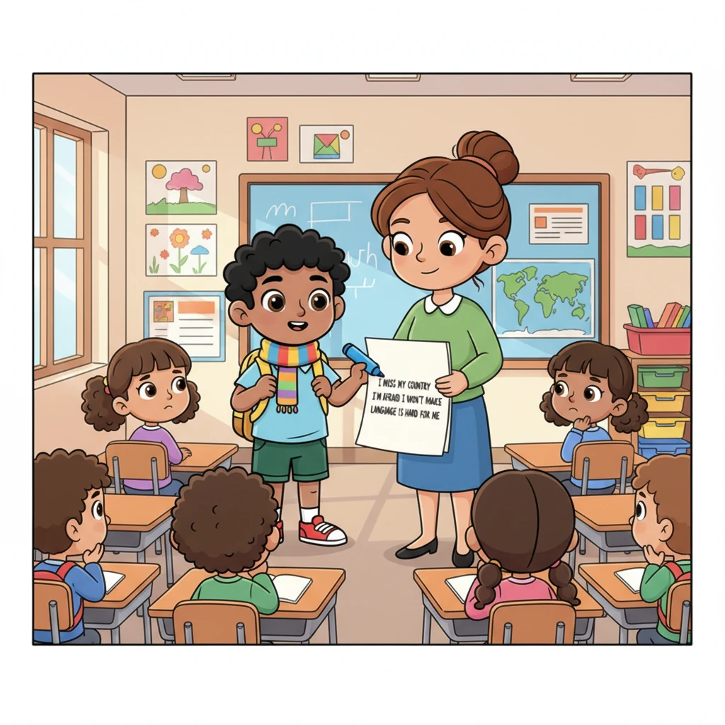 Luego, los niños escribieron en un papel algo difícil en su maleta invisible. Amir, con ayuda de la maestra, escribió: "Echo de menos mi país," "Tengo miedo de no tener amigos," y "Me cuesta el idioma." La clase guardó un silencio respetuoso, y por primera vez, muchos vieron más allá del niño nuevo, entendiendo su valiente historia.