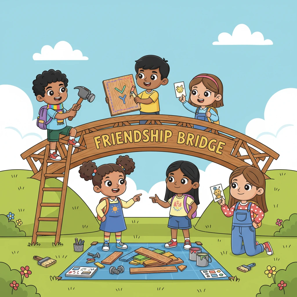 Después, la maestra propuso un nuevo proyecto: construir el Puente de la Amistad. Marcos trabajó en la estructura, Dani organizó los materiales, y Ana se aseguró de que todos participaran. Paula decoró el puente con palabras como "respeto" y "ayuda," mientras Amir, orgulloso, escribió algunas palabras en su idioma, compartiendo su significado con sus nuevos amigos.