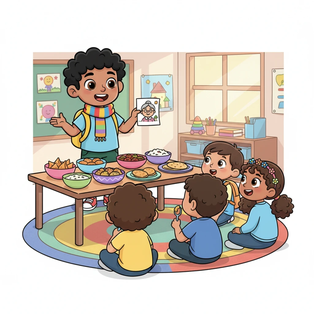 Un día especial, Amir llevó comida deliciosa de su país para compartir con todos. Con un poco de ayuda, contó una historia entrañable sobre su familia y su abuela. La clase escuchó con los ojos bien abiertos, descubriendo un mundo nuevo a través de sus palabras y sabores.