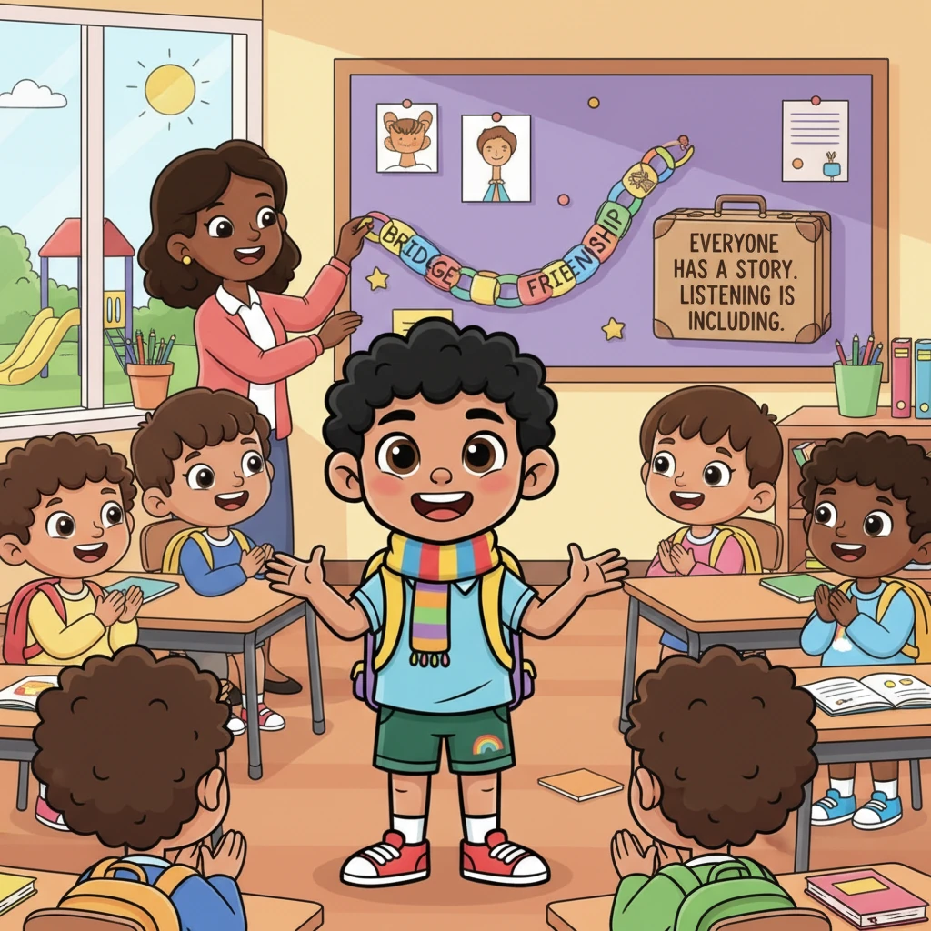 Poco a poco, la sonrisa de Amir se hizo más grande y su voz más fuerte. Jugaba, reía y hablaba sin miedo, ya no se sentía invisible, sino parte de algo maravilloso. La maestra colgó el Puente de la Amistad y la maleta con el mensaje: "Todos llevamos una historia. Escuchar también es incluir," recordando a todos la magia de la amistad.