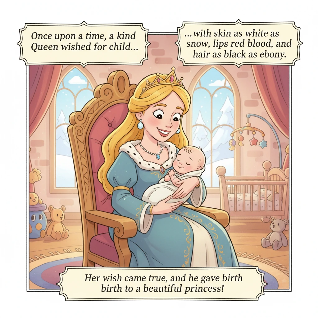 Once upon a time, a kind Queen wished for a child with skin as white as snow, lips as red as blood, and hair as black as ebony. Her wish came true, an