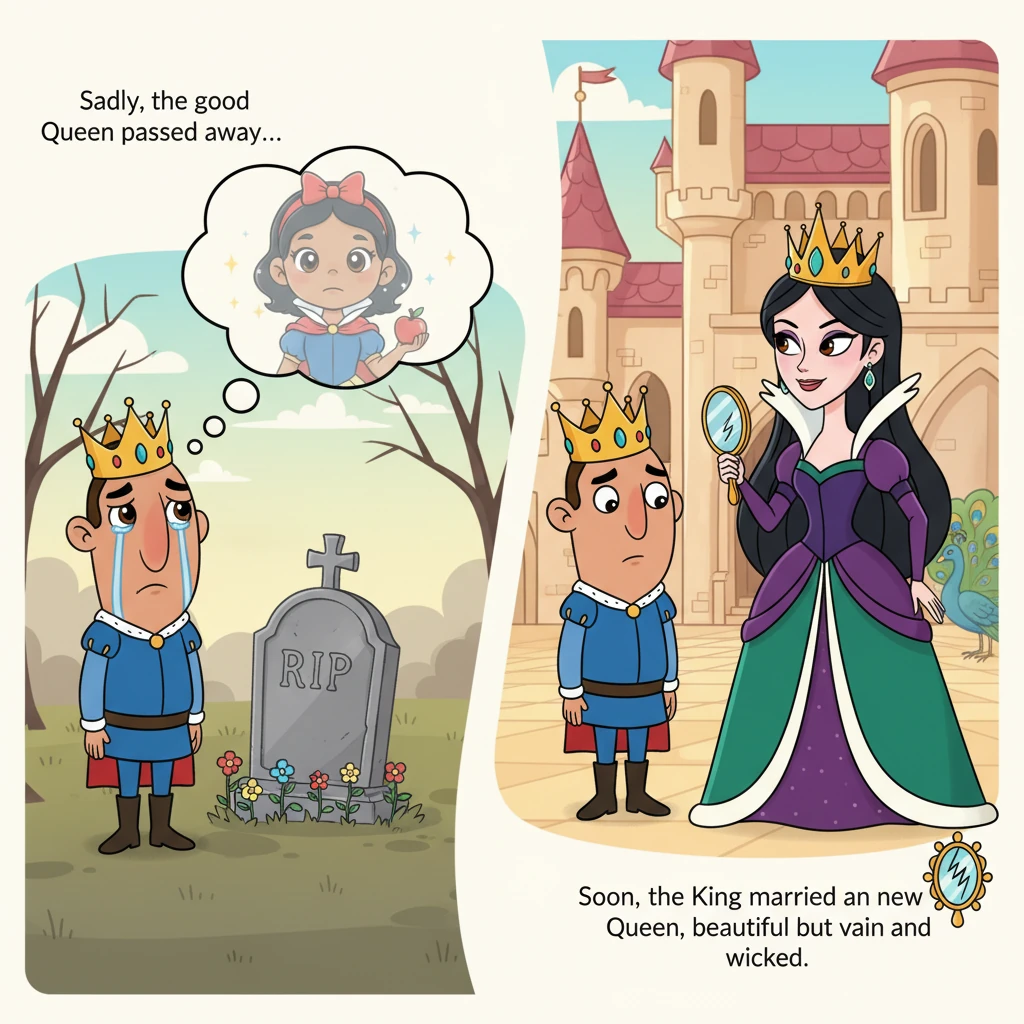 Sadly, the good Queen passed away, leaving the King heartbroken. Soon after, the King married a new Queen, who was beautiful but vain and wicked.