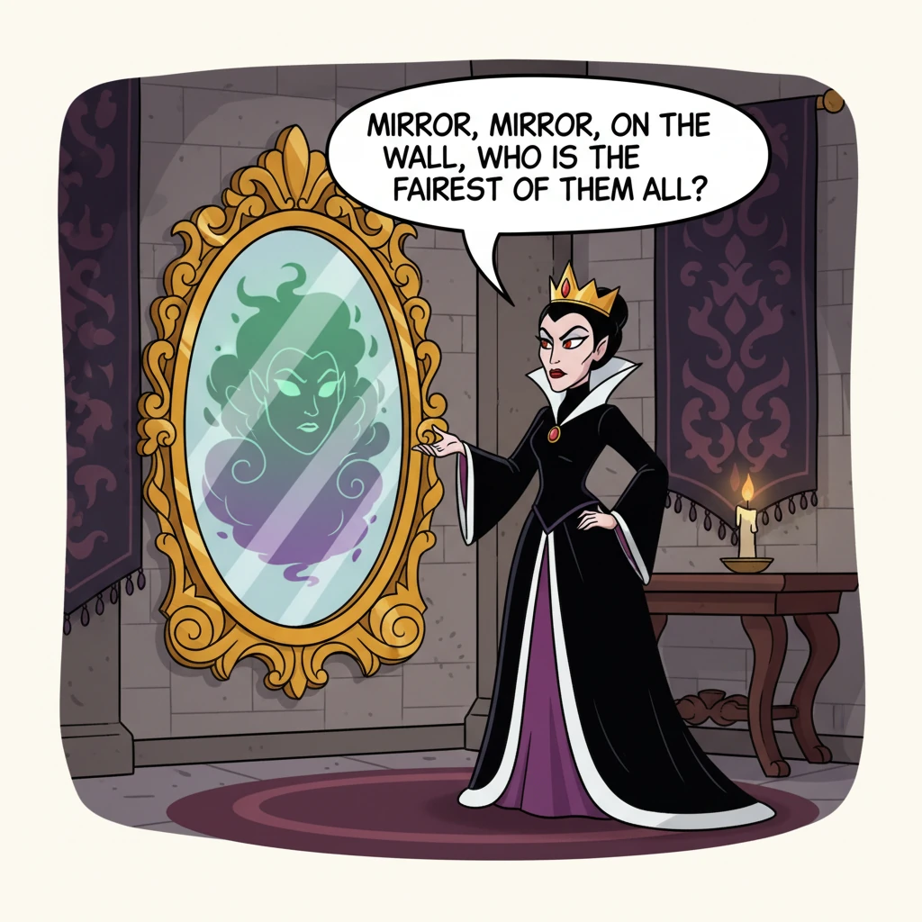 This new Queen possessed a magical mirror. Every day, she would ask, "Mirror, mirror on the wall, who is the fairest of them all?"