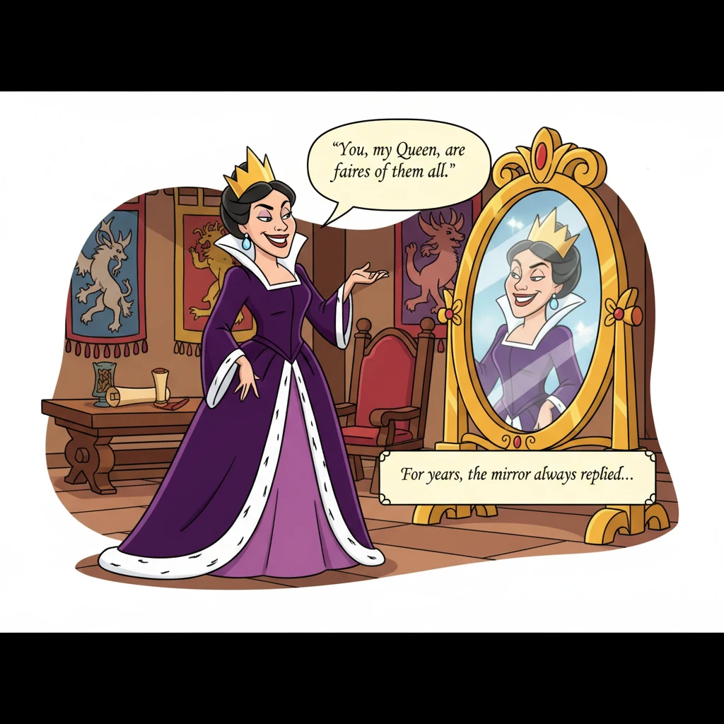 For years, the mirror always replied, "You, my Queen, are the fairest of them all." The Queen would smile, satisfied with its answer.
