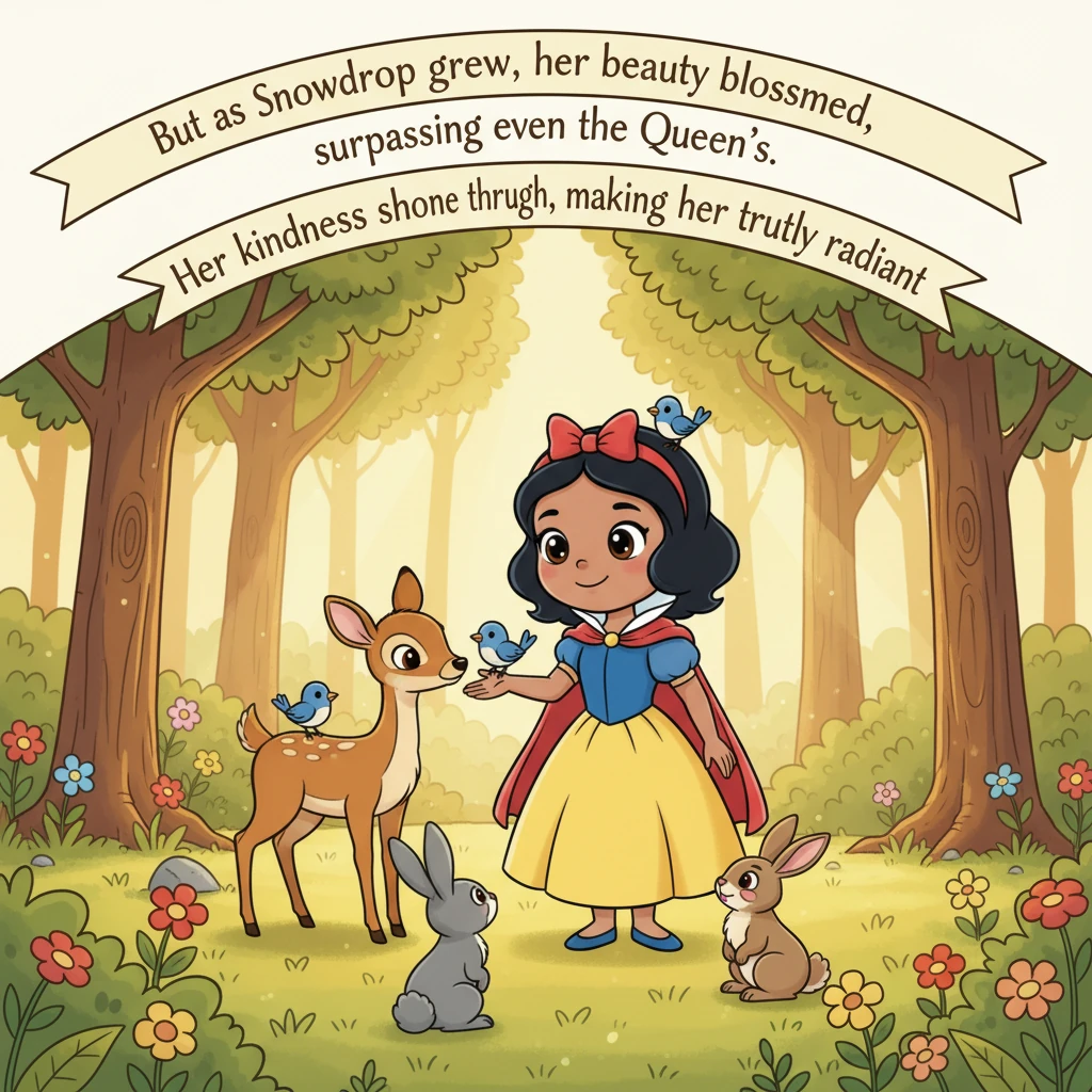 But as Snowdrop grew, her beauty blossomed, surpassing even the Queen's. Her kindness shone through, making her truly radiant.