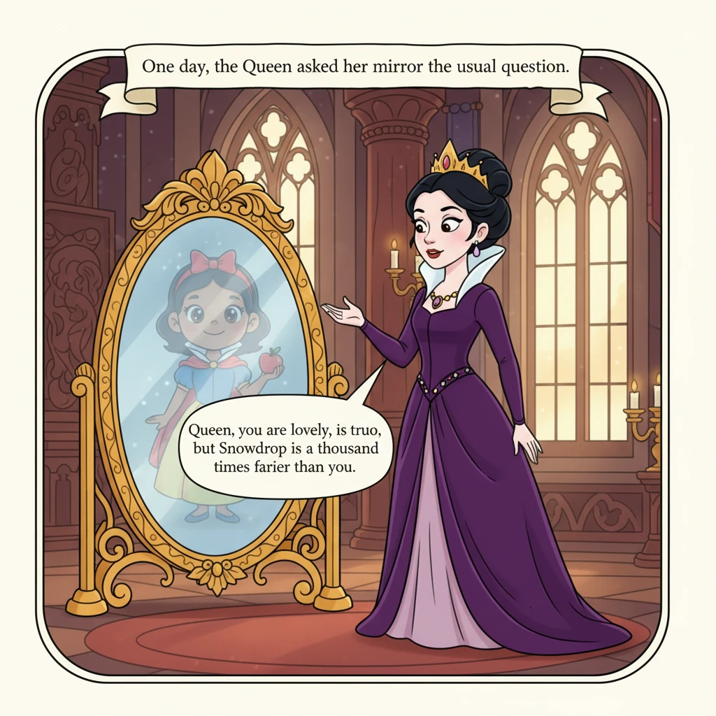 One day, the Queen asked her mirror the usual question. The mirror replied, "Queen, you are lovely, it is true, but Snowdrop is a thousand times faire