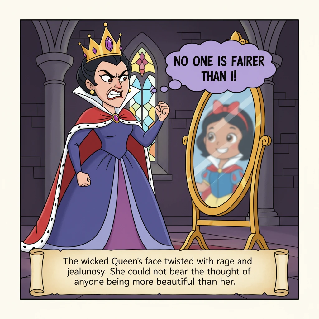 The wicked Queen's face twisted with rage and jealousy. She could not bear the thought of anyone being more beautiful than her.