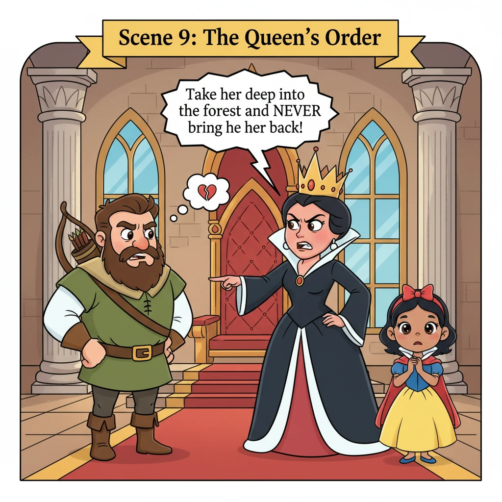 In her fury, the Queen summoned her most trusted Huntsman. She ordered him to take Snowdrop deep into the forest and never bring her back.