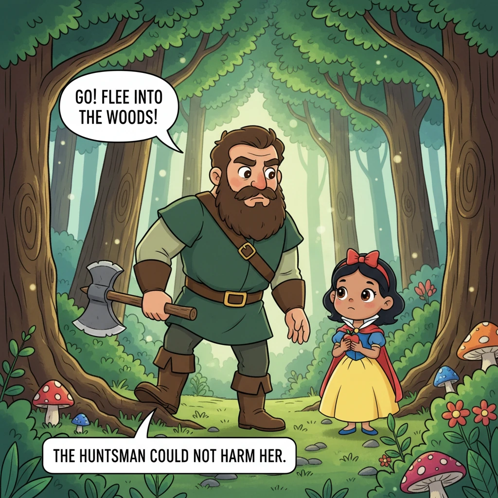 The Huntsman led Snowdrop into the dense woods. But when he saw her innocent, pleading eyes, he couldn't bring himself to harm her.