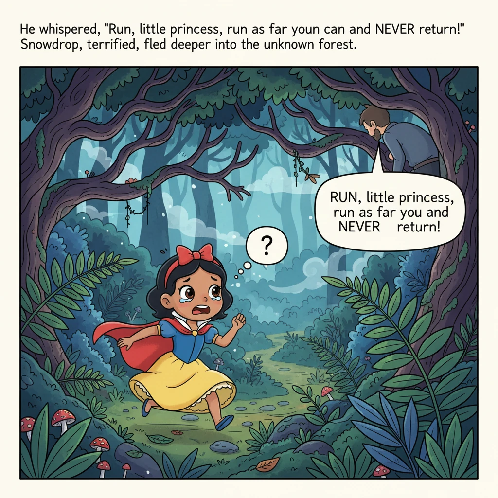 He whispered, "Run, little princess, run as far as you can and never return!" Snowdrop, terrified, fled deeper into the unknown forest.
