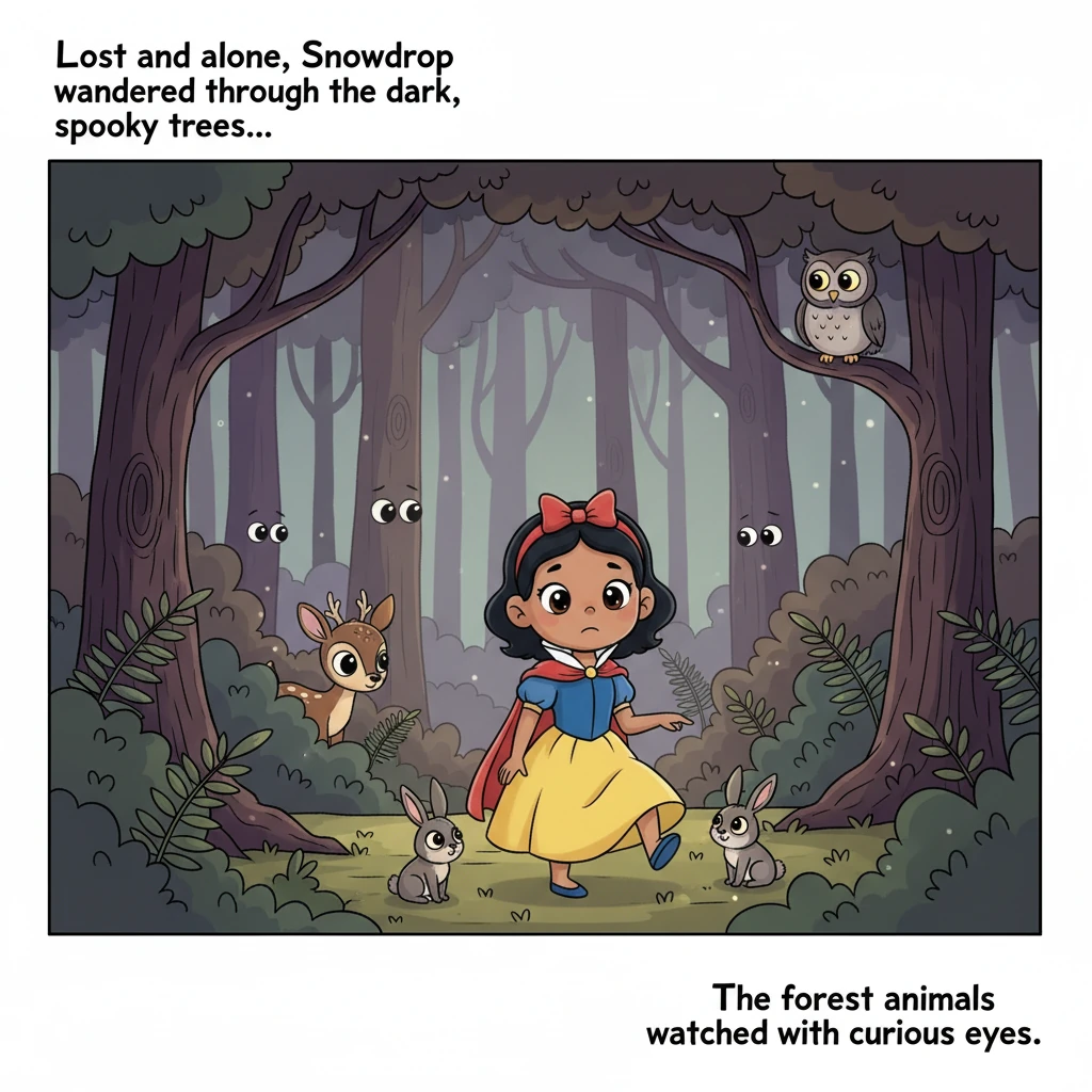 Lost and alone, Snowdrop wandered through the dark, spooky trees. The forest animals watched her with curious eyes as she stumbled forward.