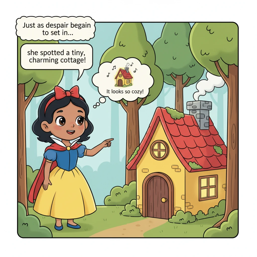 Just as despair began to set in, she spotted a tiny, charming cottage nestled among the trees. It had a welcoming little door and cozy windows.