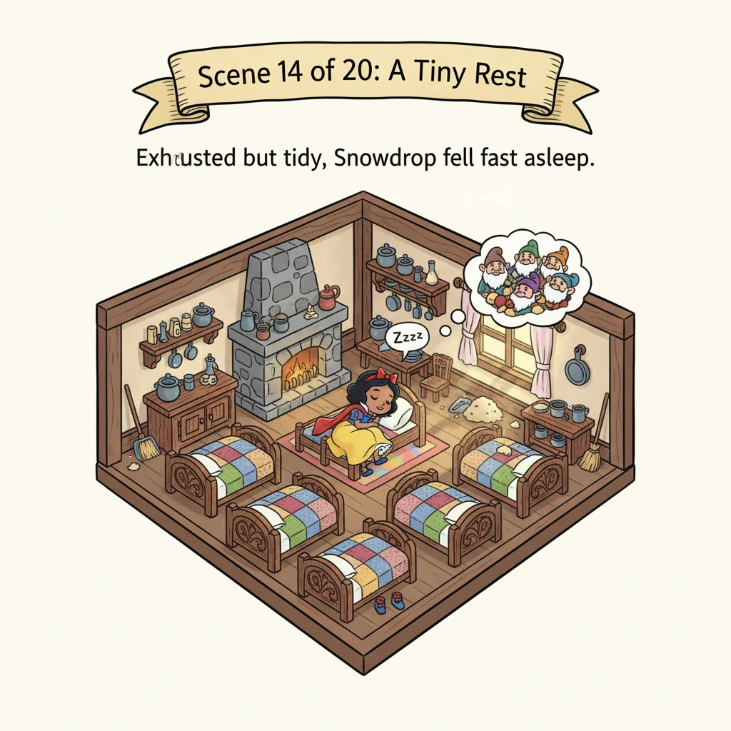 Inside, everything was miniature and tidy. Snowdrop, exhausted, cleaned up a bit and then fell asleep on one of the small beds.