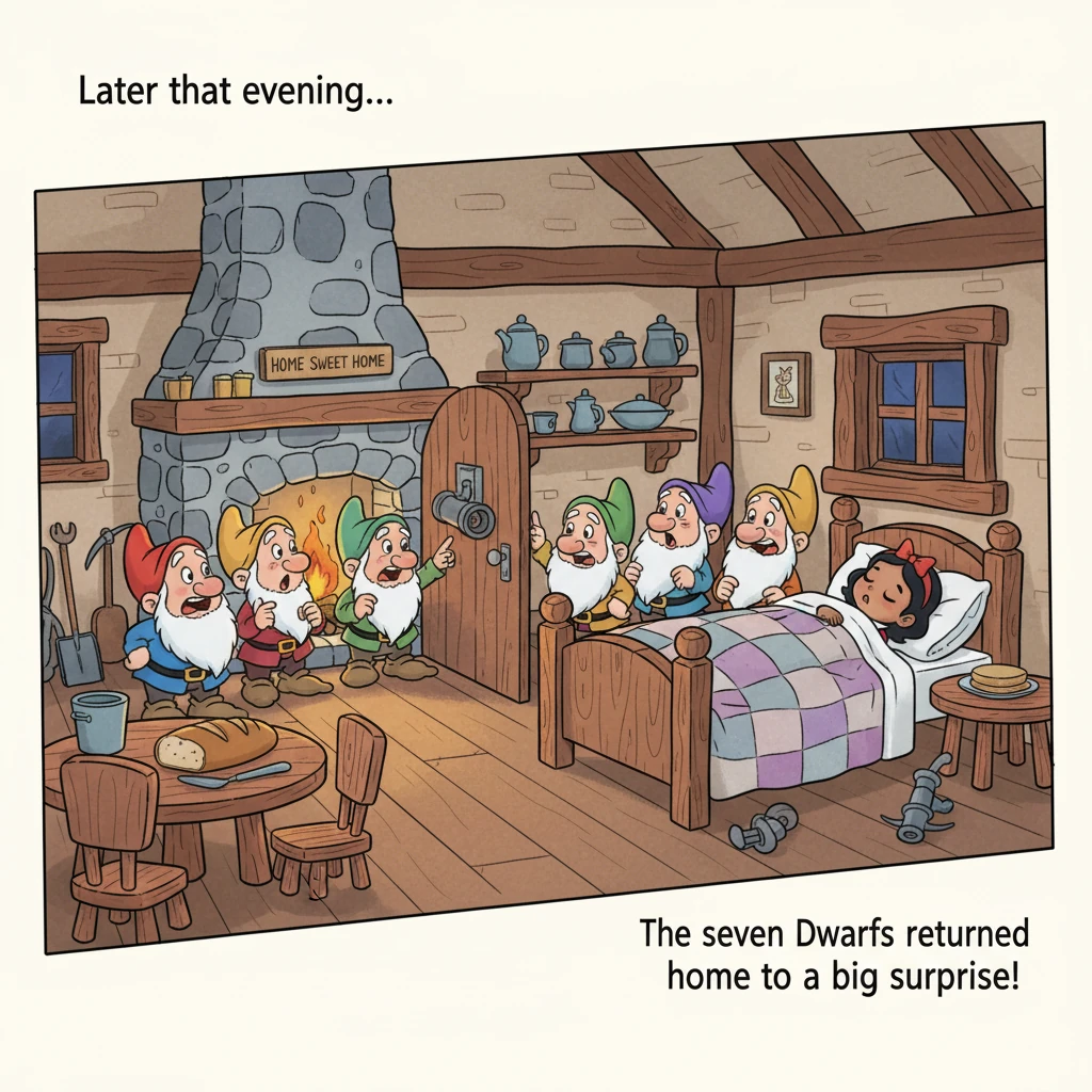 Later that evening, seven little men, the Dwarfs, returned home from their work in the mines. They were surprised to find a beautiful girl sleeping in