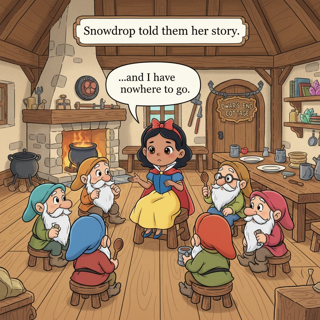 Snowdrop woke up and bravely told them her story. The kind Dwarfs, touched by her plight, offered her a home if she would cook and clean for them.