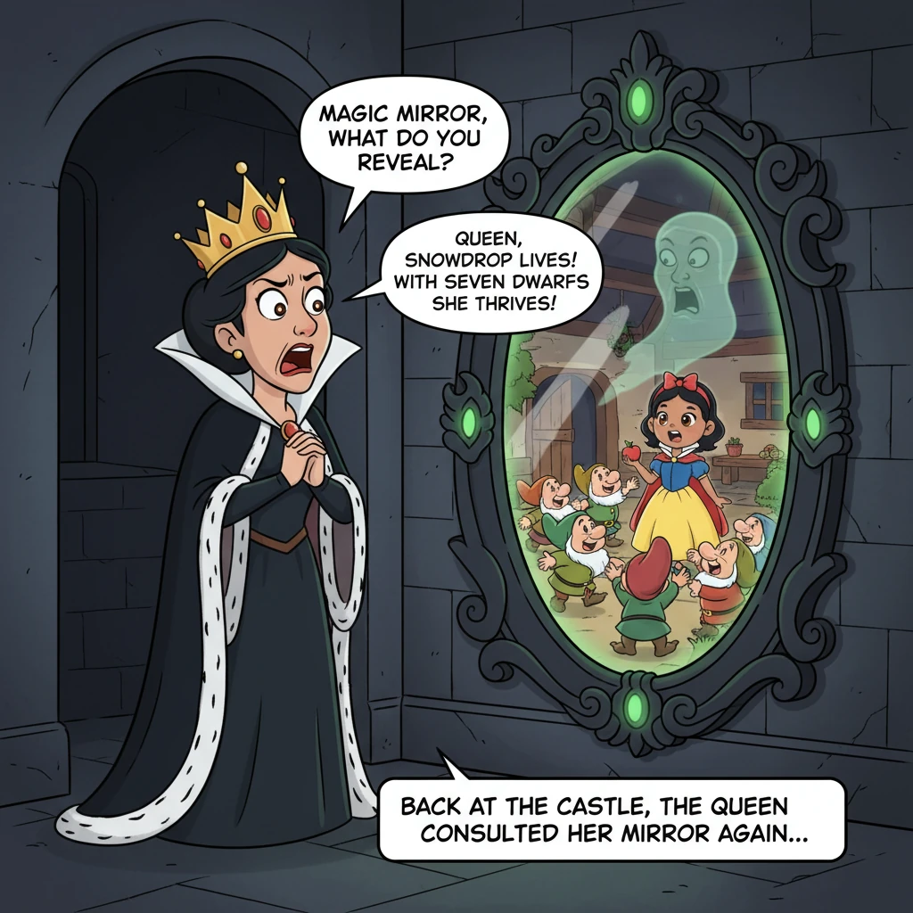 Back at the castle, the Queen consulted her magic mirror again. To her horror, the mirror revealed that Snowdrop was still alive and living with the S