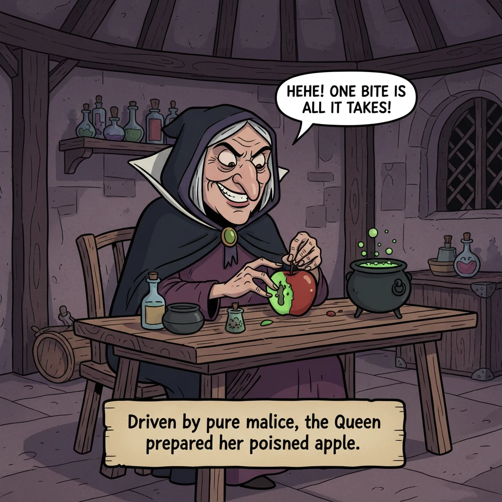Driven by pure malice, the Queen disguised herself as an old peddler woman. She prepared a shiny, red apple, poisoned on one side.