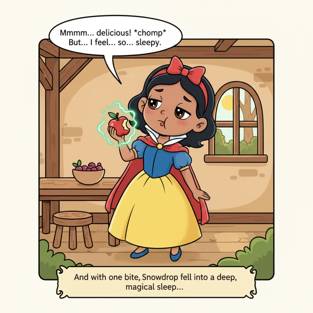 She found Snowdrop at the cottage and offered her the tempting apple. Snowdrop, unaware of the danger, took a bite and instantly fell into a deep, mag