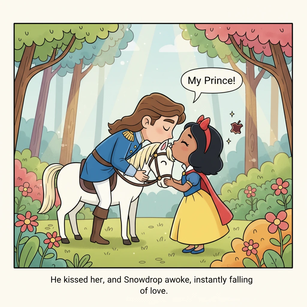 Many years later, a handsome Prince rode through the forest and discovered Snowdrop. Enchanted by her beauty, he kissed her, and the piece of poisoned