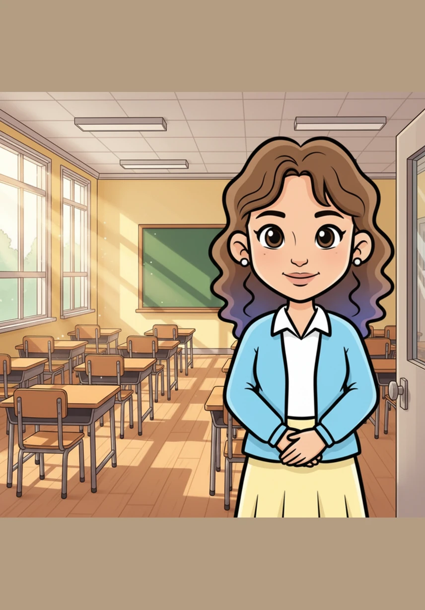 The sun shines through the windows of Room 1-A, where twenty-six bright desks are waiting for twenty-six bright students. Ms. Angelina stands at the door, her olive skin glowing and her purple-blue hair tips catching the morning light. Today is a special day, her very last day of student teaching in this magical place.