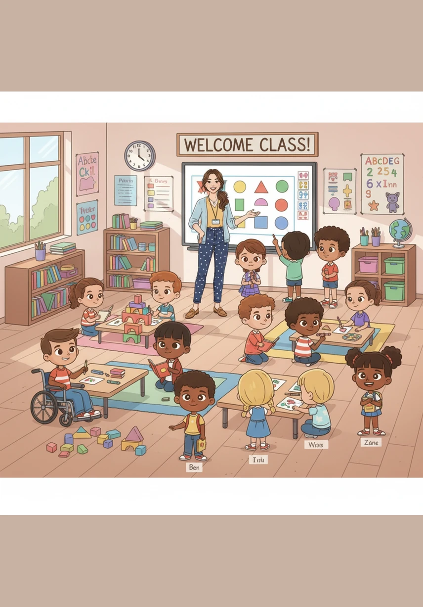 Ms. Kristin, the wonderful mentor teacher, gives Ms. Angelina a warm smile as the morning bell rings. Ms. Lisa and Mrs. Turner, the amazing educational assistants, are already busy helping students hang up their backpacks. The room is instantly filled with the happy chatter of twenty-six creative and funny children.