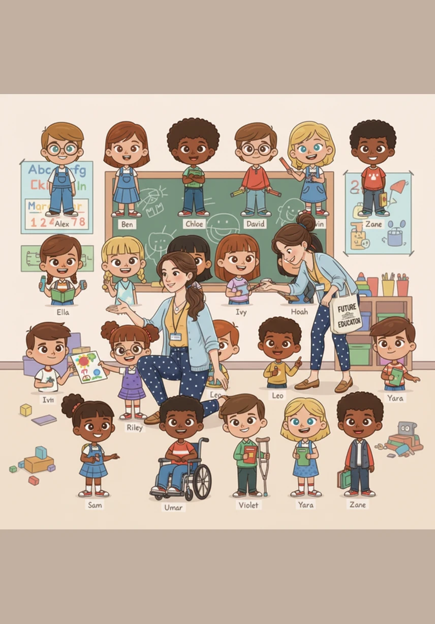 Ms. Lisa and Mrs. Turner move through the room like superheroes, offering kind words and helping hands to everyone. Ms. Angelina watches how they care for each child and feels so lucky to have worked with such an incredible team. She takes a mental picture of the classroom, wanting to remember every smile and every masterpiece.