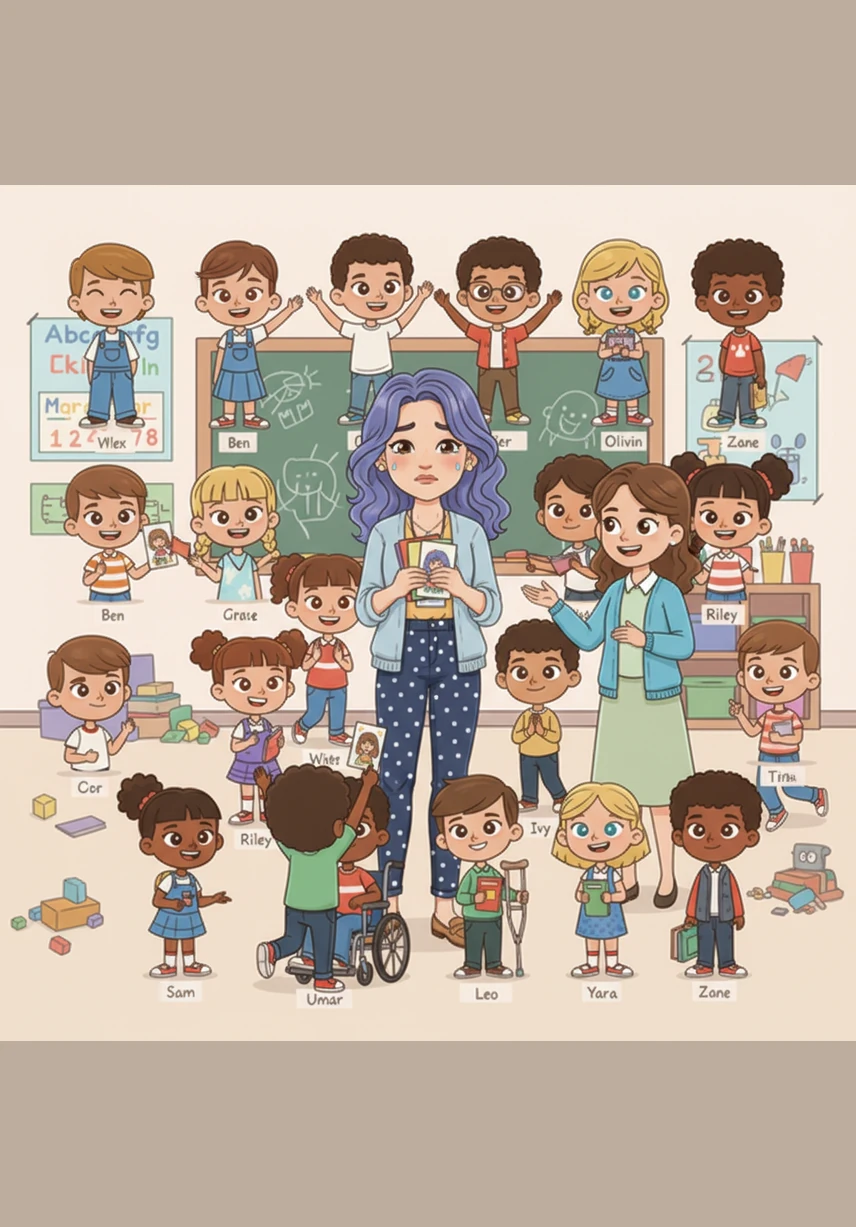 Ms. Kristin stands up to say some kind words about Ms. Angelina's hard work and big heart. The students cheer and present her with handmade cards filled with drawings of her purple-blue hair. Ms. Angelina feels her eyes get a little misty, but her heart feels bigger than it has ever been.