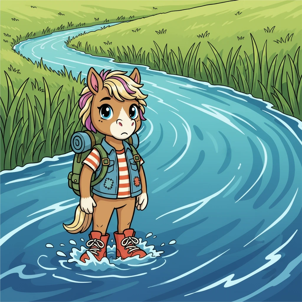 Willow, a small, chestnut-colored pony, stood at the edge of a wide, rushing river. The water looked cold and deep, and she felt a shiver run down her spine. Across the river lay a field of delicious, green grass, which Willow desperately wanted to reach.