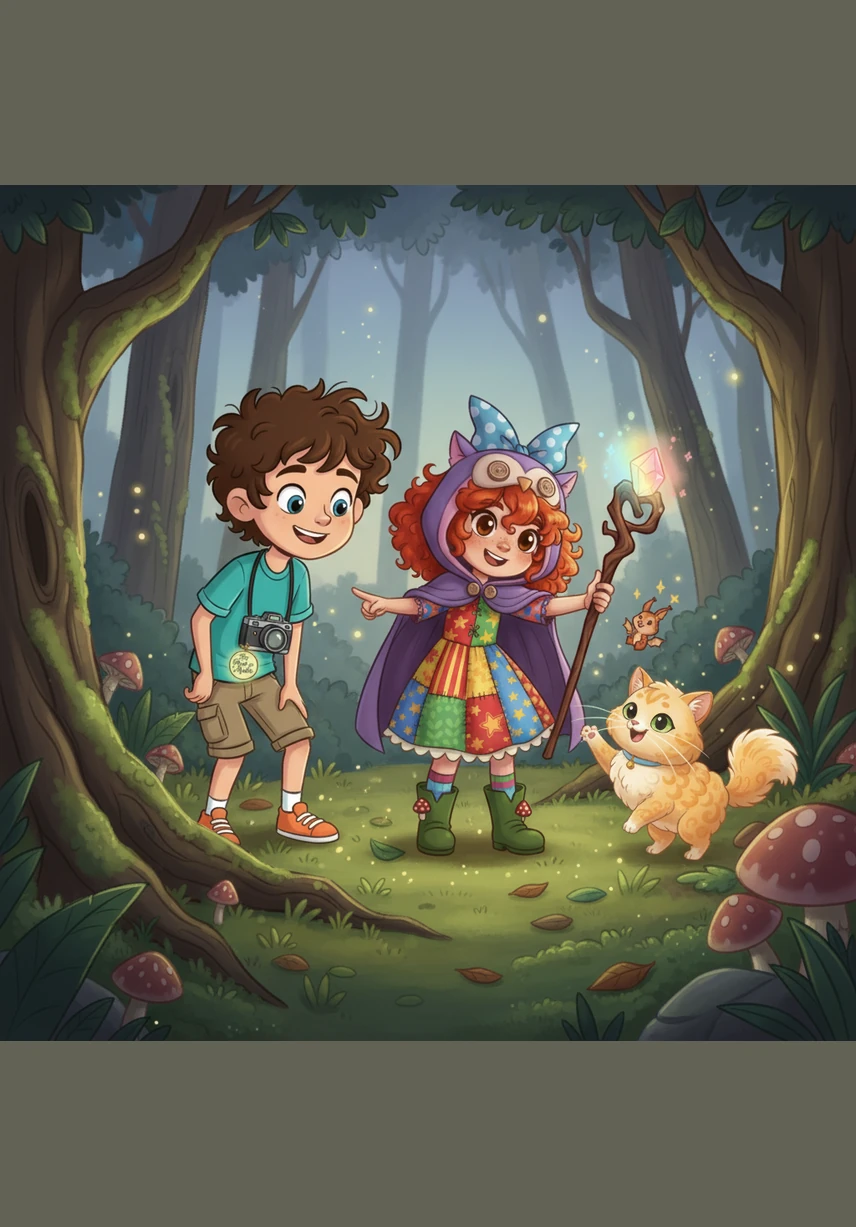 Leo, a curious boy with messy hair, discovers a shimmering silver camera hidden in a dusty attic corner. A small, glowing tag attached to the camera reads 'The Past-o-Matic' in elegant, swirling script.